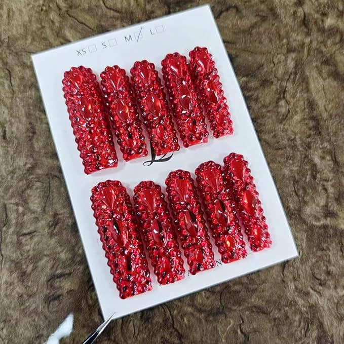 Extra Long Press on Nails Handmade Square Fake Nails Sparkly Red Rhinestones Full Cover False Nails with Designs Luxury Reusable Artificial Stick on Nail for Women Manicure 10Pcs(Size M)