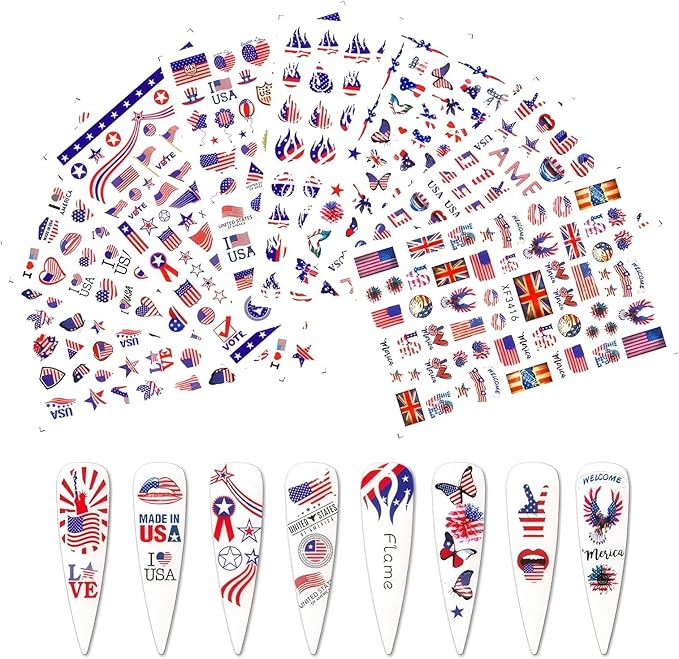 4th of July Nails Stickers for Nail Art - 8 Sheets 3D Self Adhesive Independence Day Nail Art Stickers American Flag Stars Letters USA Nail Decals Fourth of July Design Sticker for Women