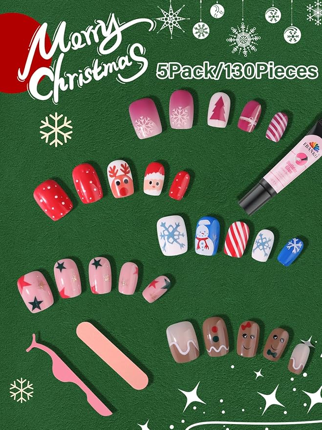 130 Pieces Christmas Press on Nails for Kids, EBANKU 5 Pack Kid Fake Nail Kit Old Christmas Cute Press on Nails for girls 8-12 Years with Jelly Nail Adhesives & Nail Builder Glue