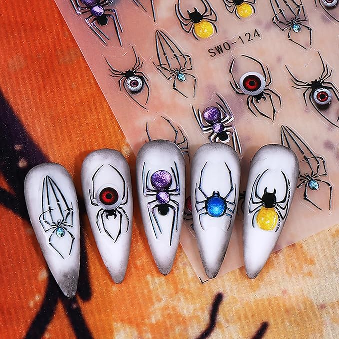Halloween Nail Art Stickers Decals 5D Embossed Spider Nail Stickers Spider Web Nails Decal Self-Adhesive Design Nail Art Decal for Women Halloween Decor (5 Sheets)