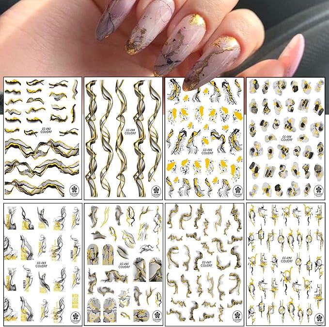 French Line Nail Art Stickers, 3D Gold Black Strip Line Nail Art Transfer Decals Designs, Marble Wave Nail Self-Adhesive Sticker Acrylic Supplies for Women Girls Manicure Decorations, DIY Nail Decal