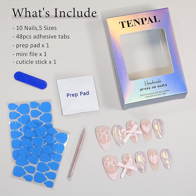 Lovely Sweet Cute Pink Nails Aurora Glitter French Tip Press On Nails Short Almond Soft Gel Fake Nails With Sparkling Waves 3D Bow Ties 10pcs/Box Acrylic Stick on Nails For Women Girls(L)