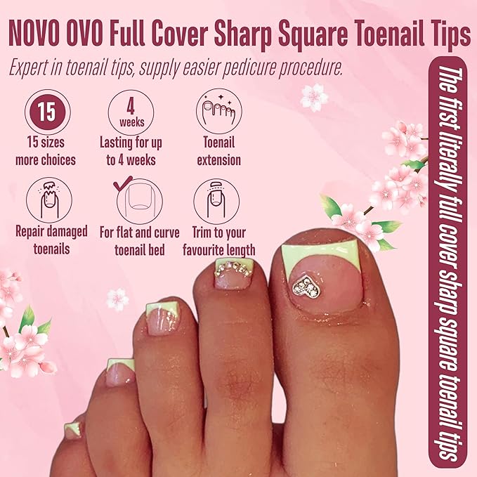 NOVO OVO Sharp Square Toe Nail Tips Press on Full cover, Soft Gel False Toenail Extension Kit, Pre-etched Clear Double Matte Fake Longtoes Claw for Salon DIY Acrylic Pedicure x 15 Sizes 240 Pcs