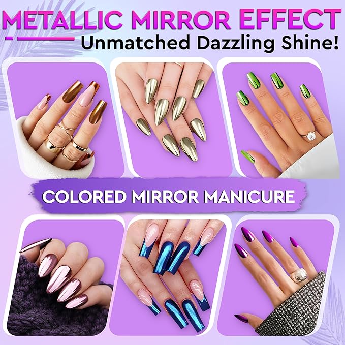 Chrome Nail Powder Set – 16 Colored Nail Chrome Powder Set with Gold, Silver, Copper, Blue, Green & Red Pigments – Mirror, Holographic & Chameleon Effects for Trendy Nails Looks with Luminous Shine