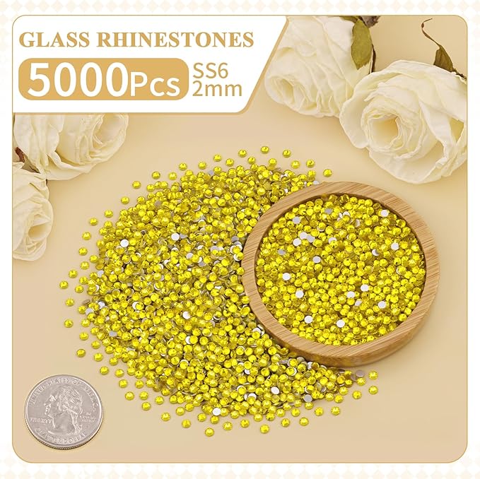 5000PCS SS6/2mm Crystal Rhinestones (Lemon Yellow), Bedazzling Flatback Glass Rhinestones for Crafting, Gems Diomand Charms for Tumbler Shoes Clothing Mugs Nail Art