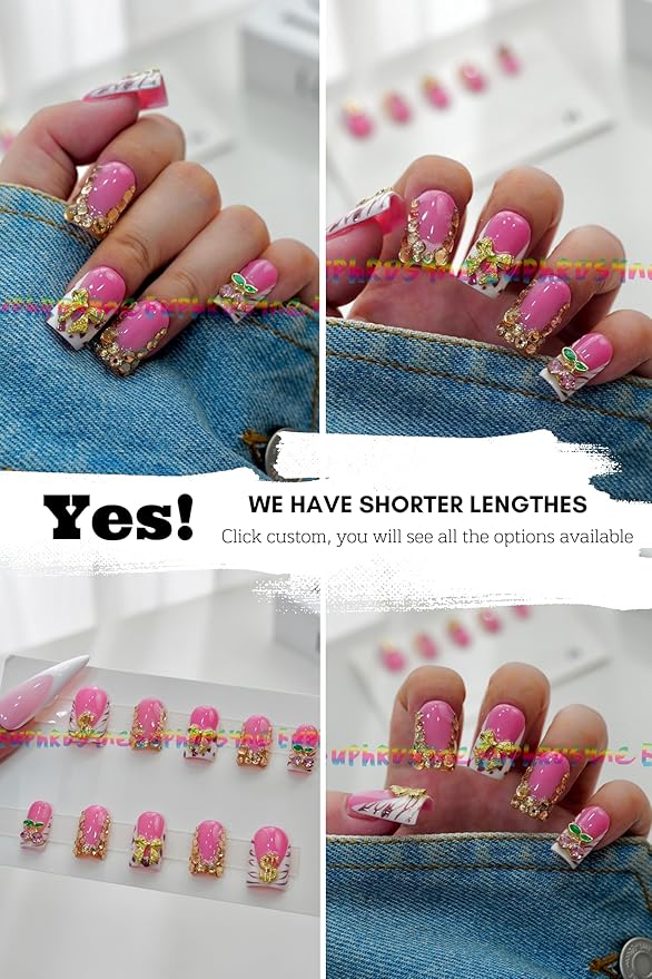 Euphrosyne 10pcs Pink Short Square Press On Nails – Fake Nails with Rhinestones, Zebra Print & 3D Butterfly Charms | Cute Stick-On Nail Art for Women or Teens, Daily or Party Wear