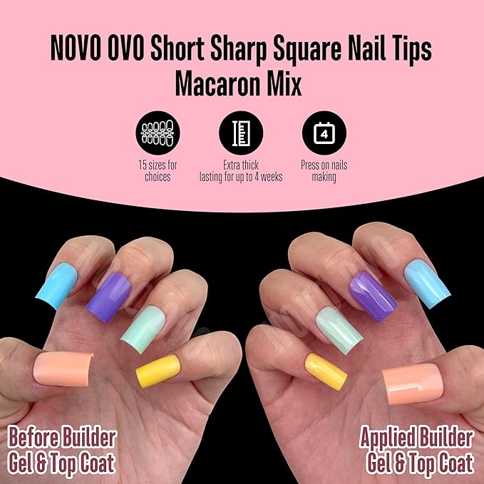 NOVO OVO Pastel Nail Tips Press on Macaron Color Colorful 6 Mix Dopamine Shades, Short Sharp Square Soft Gel Matte Thick False Nail Extension, Full Cover Acrylic for Salon DIY x 15 Sizes 180 pcs