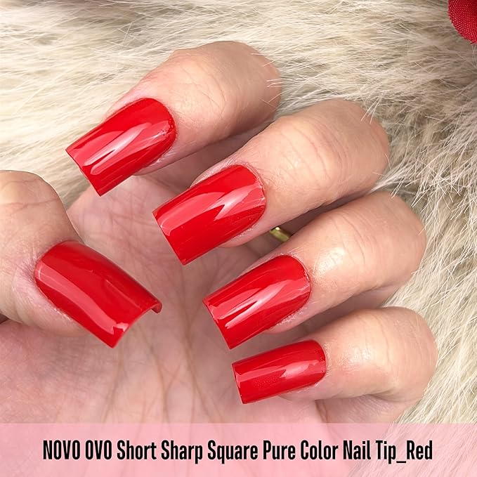 NOVO OVO Short Sharp Square Nail Tips Press on Pure Color Red, Need Builder Gel Top Coat Nail Glue, Soft Gel Matte Fake Nail Extension, Full Cover False Nails for Salon DIY x 15 Sizes 180 pcs