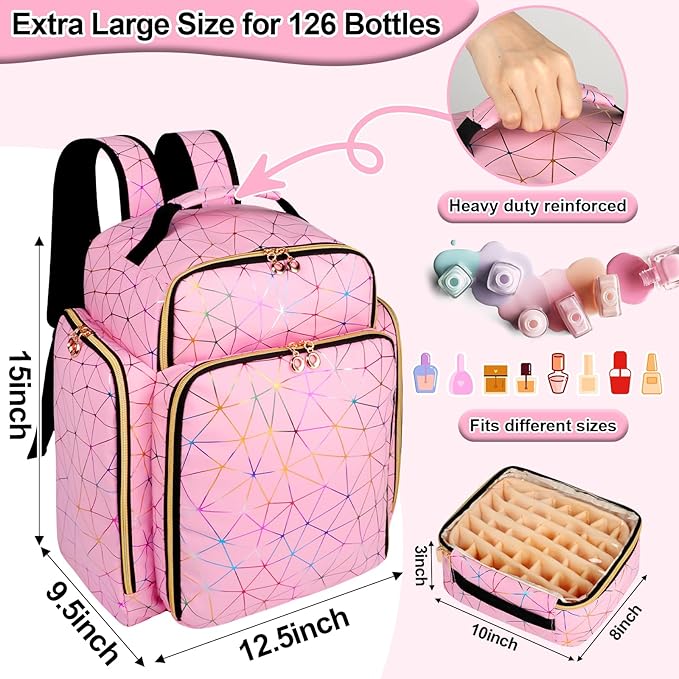 Nail Polish Organizer Backpack Holds 126 Bottles& Nail Lamp, Extra Large Nail Kit Supplies Organizer Bag with 3 Removable Cases, Portable Nail Organizers and Storage for Trave (PU Leather Pink)