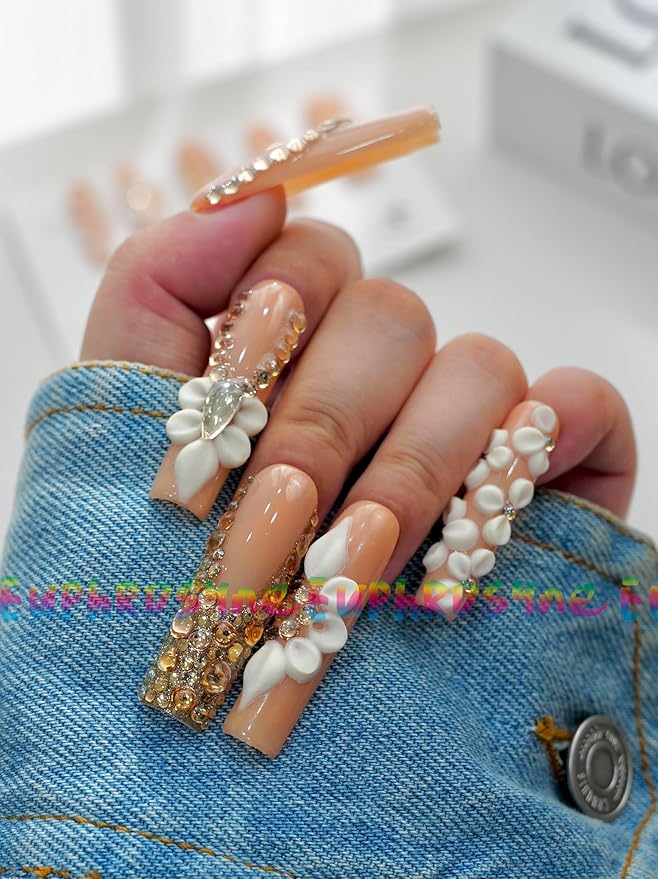 Euphrosyne Nude Pink Long Press On Nails – 10pcs Handmade Fake Nails with Rhinestones & 3D Flowers | Bridal Wedding Party Gifts