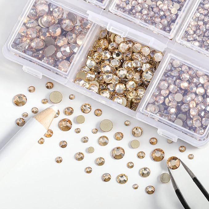 Beadsland 4300pcs Flatback Rhinestones,Gold Rhinestone Nail Gems Round Crystal Rhinestones for Crafts,Mixed 6 Sizes with Picking Tweezers and Wax Pencil Kit, SS6-SS20,Golden Shadow
