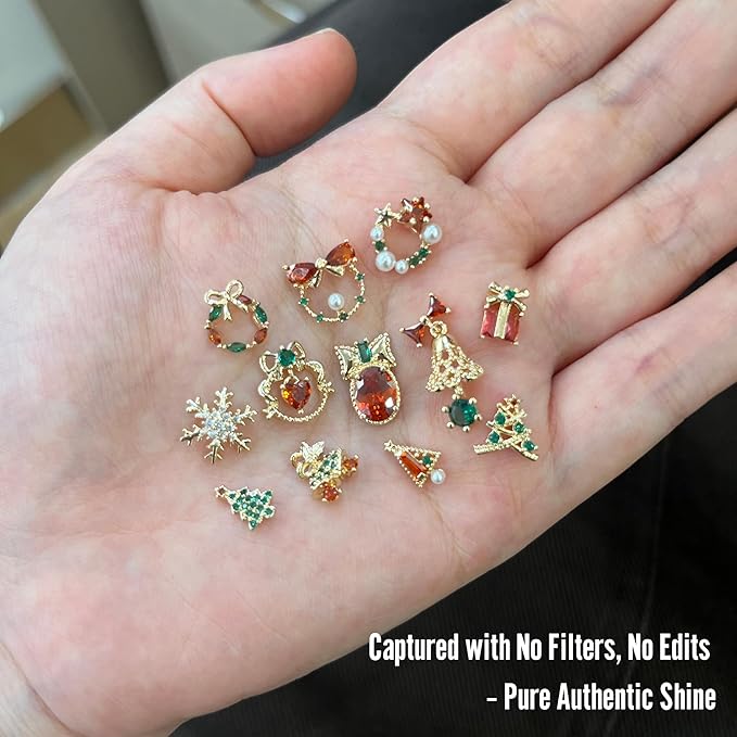 12PCS Christmas Nail Art Charms - Natural Zircon Gems with 3D Alloy Mix Shapes, Luxury Rhinestones & Crystal Diamonds for Shiny Winter Holiday Nail Decorations