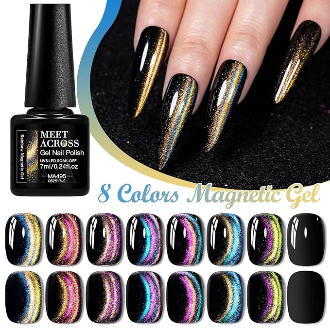 Rainbow Magnetic Gel Nail Polish - Super Bright Cat Eye Nail Art Dopamine Series 7 Color Set with Pure Black Gel and Magnet, Fashion Salon Cat Eye Art Design, Shiny Glossy Brilliant Women's Nail Tool