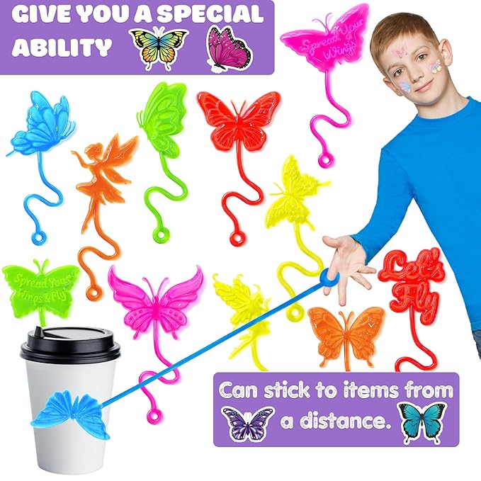 48PCS Butterfly Party Favors - 24PCS Temporary Tattoos & 24PCS Stick Hands Party - Perfect Birthday Party Supplies, Goodie Bag Stuffers, Treasure Box Toys, Classroom Prizes, and Student Gifts
