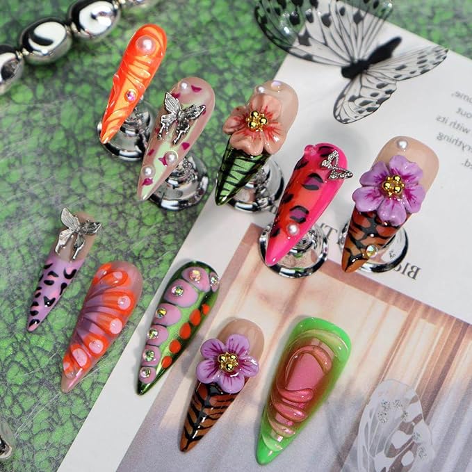 3D Floral Butterfly Press on Nails Long Stiletto Fake Nails Pure Hand-Painted Nail Animal Print with Design Coloful Stick on Nail Exquisite False Nail for Women Spring Manicure (L)