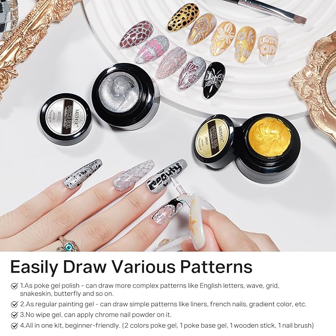 MIZHSE Gold and Silver Poke Gel Nail Polish, with Professional Poke Foundation Gel and Brush Tool, Multifunctional Drawing Painting Nails Art Design Lace Letter Wave Flower Manicure DIY Home