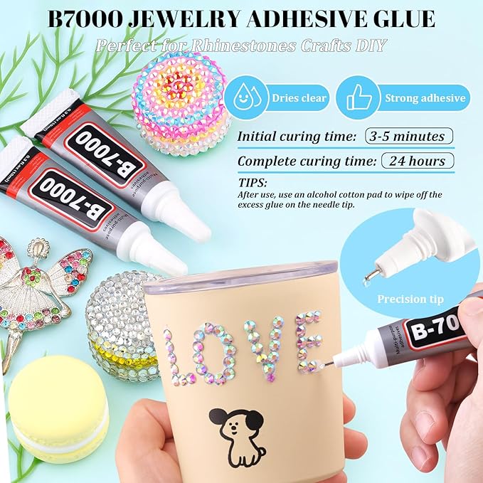 6000Pcs Resin Rhinestones for Bedazzling with 3Pcs B7000 Jewelry Glue, 1 Box AB Flatback Rhinestones for Crafting Crafts DIY, Crystals Gems for Clothing Shoes Tumblers Nail Art Makeup