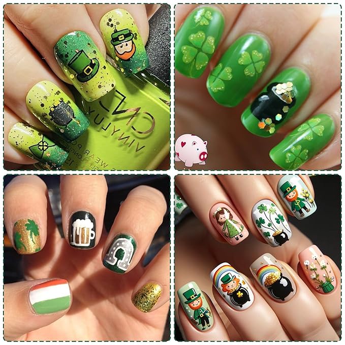 St. Patrick's Day Nail Art Stickers, Irish Shamrock Leprechaun Hat 3D Self-Adhesive Nail Decals Lucky Clover Design (6 Sheets)
