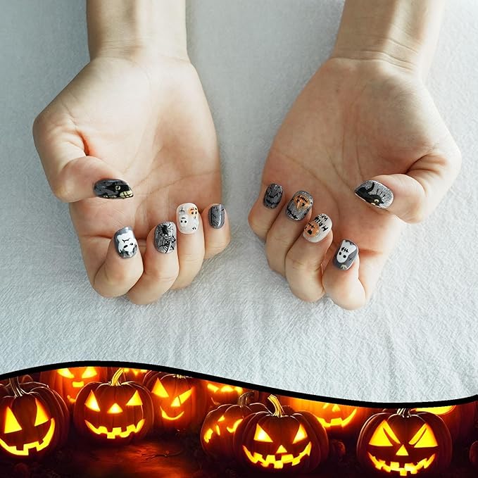 Nightmare Before Christmas Press On Nails Short Square – Glossy Grey Fake Nails with Pumpkin Ghost House Black Cat Design, Multi-Layer Gel Acrylic Nails (Autumn Haunted Story,M)