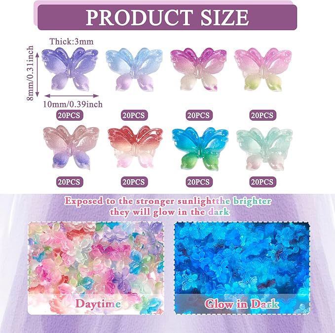 Pandahall 160Pcs 3D Butterfly Nail Charms Luminous Nail Art Decorations Glow In The Dark Resin Glitter Sequins Butterflies Rhinestones 8 Colors for DIY Manicure Carft Accessories