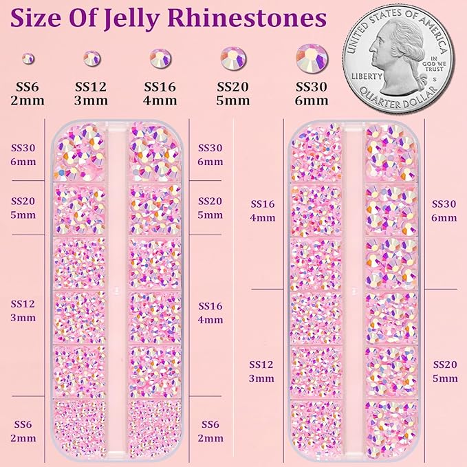 Resin Jelly Rhinestones for Crafting with B7000 Jewelry Glue, 2 Boxes Light Pink AB Flatback Crystals with 3Pcs 10ml Glue, Bedazzling Non Hotfix Gems for DIY Tumblers Clothing Shoes Manicure