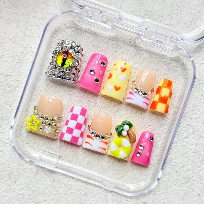 Handmade Short Duck Press on Nails Luxury Rhinestone Design Fake Nails Pink Grid False Nails with Glue,Muti-Layer Gel Thick Press ons Nail Eyes Charms Reusable Acrylic Nails for Women(Size S)