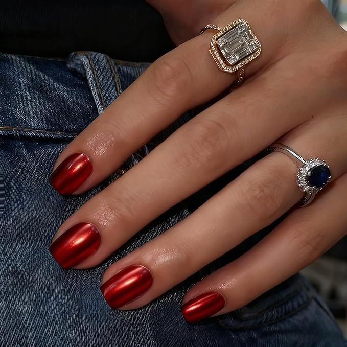 Chrome Press on Nails Short Square, Metallic Red Fake Nails with a Sparkle Mirror Finish, Glitter Glue on Nails for Women Birthday Party, Thick Quality Soft Gel Nail Press ons 30 Pcs