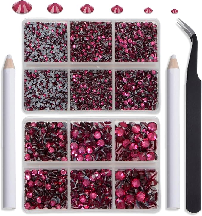 NCB Hotfix Iron on 8000pcs Crystal Rhinestones Round Gem for Crafts Decoration DIY Jewelry Making with a Tweezers and 2 Picking pens (Rose Pink, 6Sizes SS4-SS30)