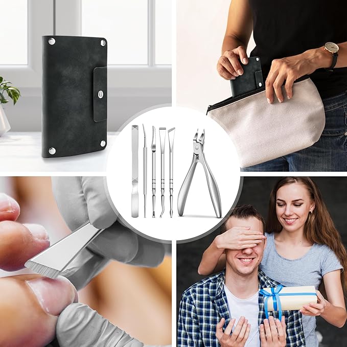6PCS Ingrown Toenail Treatment Set, Professional Pedicure Tools for Feet, Ingrown Toenail Removal Kit with Leather Case Foot Nail Care Tools Manicure Set for Ingrown Toenails Calluses Corn & Dead Skin
