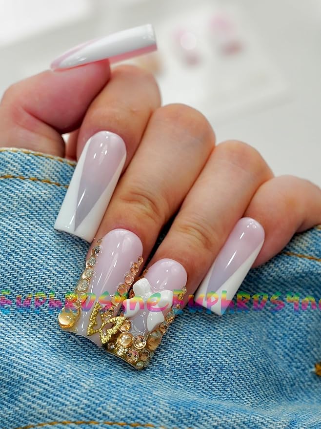Euphrosyne Ombre Press On Nails – 10pcs Long Coffin Fake Nails in Pink and White with 3D Bow, Butterfly Charms & Rhinestones | Elegant Stick-On Nails for Wedding, Party or Daily Glam Look