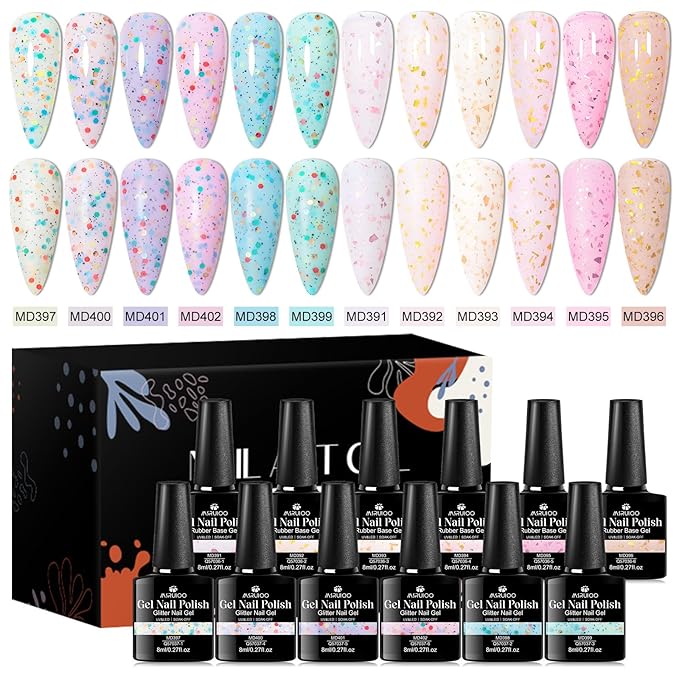 Yogurt Gel Nail Polish + Rubber Builder Gel Polish Glitter Rubber Base Gel Set Pale Pink Blue Purple Nail Polish for Women Girls 12 Colors