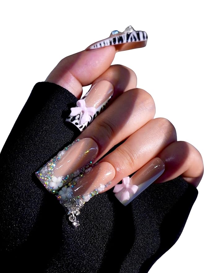 HAND-PAINTED White Press Ons Neon Small Press on Nails Long French Press on Nails Coffin Medium Short Nail art Fake Nail Art Kit with 7g Glue on Nails Handmade Almond Square Nails (TJ-3, Large)