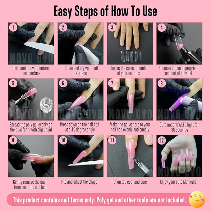 NOVO OVO Tapered Square (Sculpted) Nail Dual Forms for Poly Gel Extension with Guiding Line Inside, XL XXL Reusable Full Cover Acrylic Builder Hard Gel Polygel Molds x 15 sizes 150 Pcs