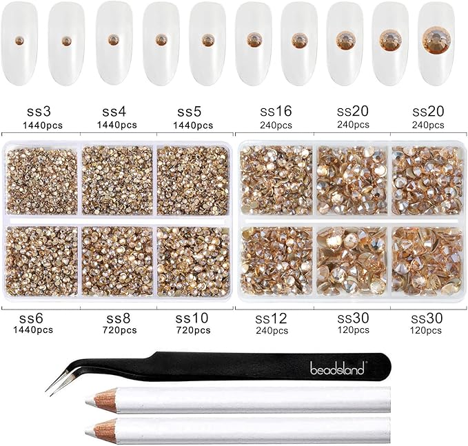 Beadsland 8300PCS Flatback Rhinestones, Gold Rhinestone Round Crystal Rhinestones for Crafts, Mixed 10 Sizes with Wax Pencil and Tweezer Kit, SS3-SS30, Golden Shadow