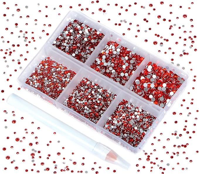 Bymitel 7200 Pieces 6 Mixed Sizes Glue Fix on Glass Rhinestones Round Crystal Gems Flatback for DIY Jewelry Making with one Picking Pen (6-Sizes 7200PCS, Siam)