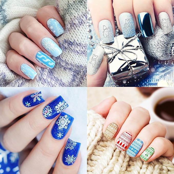 Whaline 6 Pieces Winter Nail Art Stamping Plates Kit Snowman Snowflake Pine Tree Sweater Image Stamp Templates Hello Winter Nail Art Plates for Winter Xmas DIY Print Manicure Salon Design Gift