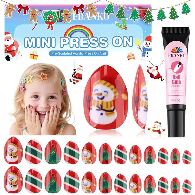 EBANKU Christmas 24 Pieces Press on Nails Kids, Christmas Tree Fake Nail Short Artificial False Nail Kits With Nail Tools for Girls