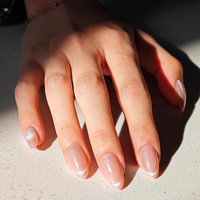 Cat Eye Press on Nails Short Almond, with French Tip Effect, Glue on Nails for Women Gift, Salon Quality Wedding Nails, 32 Pcs (Nude Pink1)