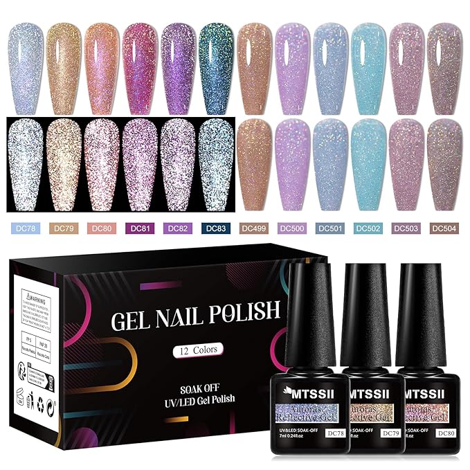 MTSSII Reflective Glitter Gel Nail Polish Set for Christmas Nails 12 Colors Including Pink Purple Silver Holographic Gel Polish Kit UV LED Soak Off Nail Polish Home DIY Manicure Nail Salon Varnish