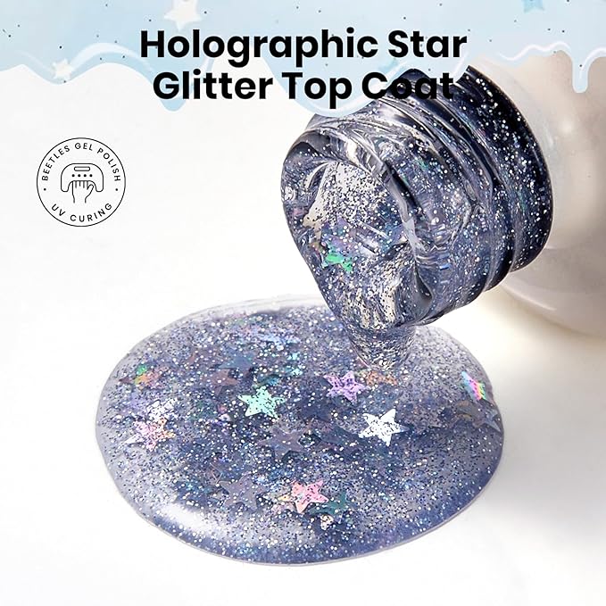 Beetles Glitter Top Coat for Gel Nail Polish 15ml - Reflective Silver Star Glitter Shiny No Wipe Uv Gel Top Coat Nail Art Star Sparkle Manicure DIY Home Salon