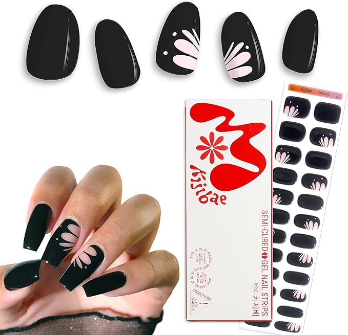 Semi Cured Gel Polish Strips | 24pc UV LED Required Wraps | Gift Peel and Stick Nails | Coquette DIY Home Manicure | Press On Alternative (Midnight Butterfly)