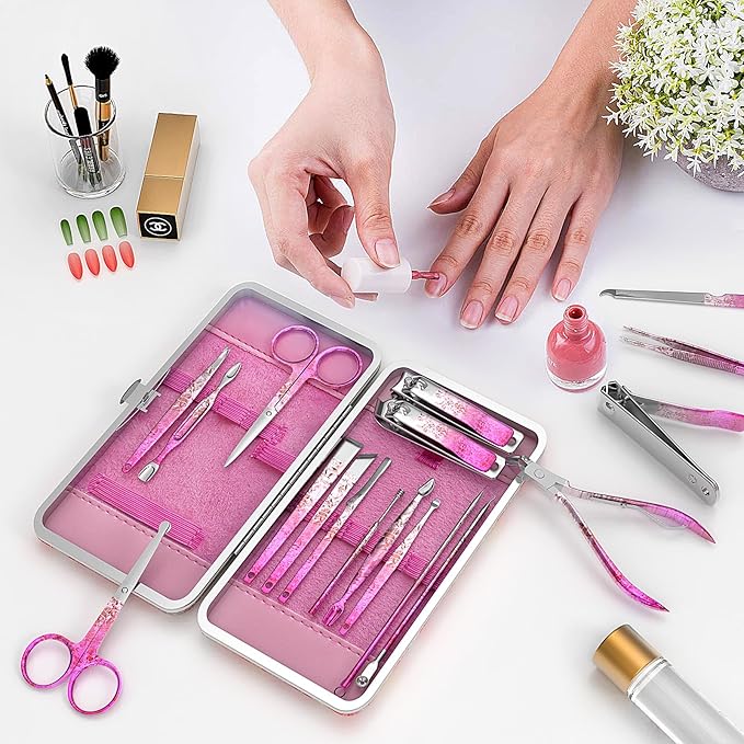 Nail Clippers Set Fingernail and Toenail Clipper Cutters, Professional Manicure Pedicure Kit 18Pcs, Nail Care Grooming Tools with Luxurious Travel Case (Diamond Rose)