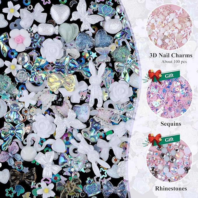 100 Pieces 3D Resin Butterfly Bear Nail Charms Rose Flower Peach Skirt Bow Deer Snake Rabbit Animal Shaped Nail Art Rhinestones Pearls for DIY Nail Art Decoration Making Craft (White)