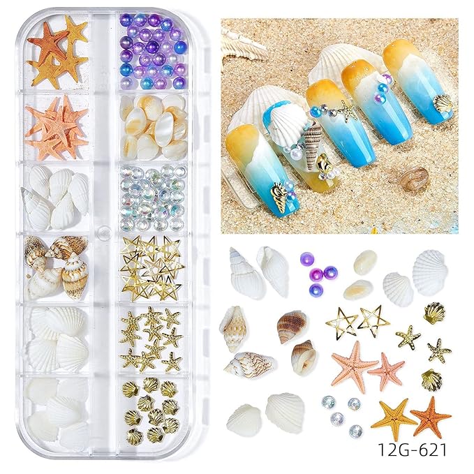 Summer Beach Nail Rhinestones - Ocean Theme Shell Starfish Conch Studs & Rivets - DIY Manicure Decoration (1-2 Boxes)