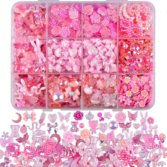 850 Pieces 3D Butterfly Rose Flower Bow Rabbit Bear Nail Charms Kit with Nail Art Rhinestones Pearls Crystal Gems Nail Slices for Manicure DIY Crafts Jewelry Accessories (Pink)