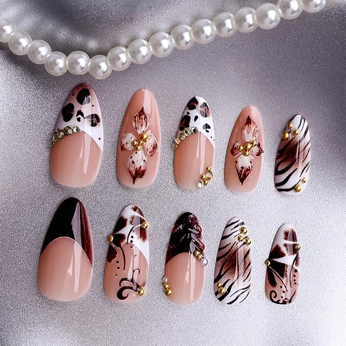 Long Press on Nails Almond MABKJLF French Tip Fake Nails 3D Fall False Nails with Leopard Print Flower Rhinestones Designs Brown Glossy Glue on Nail Autumn Acrylic Nails for Women Girls 24Pcs