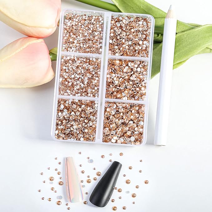 Beadsland 7200pcs Flatback Rhinestones,Champagne Rhinestone Nail Gems Round Crystal Rhinestones for Crafts,Mixed 6 Sizes with Wax Pencil Kit, SS3-SS10,Light Peach