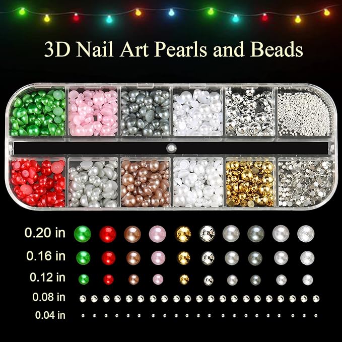 3D Nail Art Pearls and Beads Set, Colorful Half-Round Gems & Rhinestones, Mix Sizes Gold Beads for Nails, Christmas Nail Decorations Accessories DIY Manicure Supplies with Picker Tools