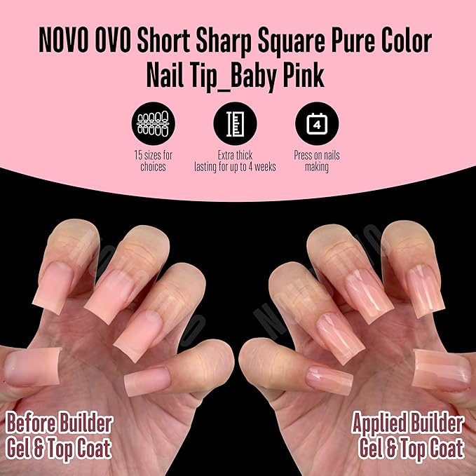 NOVO OVO Short Sharp Square Nail Tips Press on Pure Color BABY PINK, Need Builder Gel Top Coat Nail Glue, Soft Gel Matte Fake Nail Extension, Full Cover False Nails for Salon DIY x 15 Sizes 240 pcs