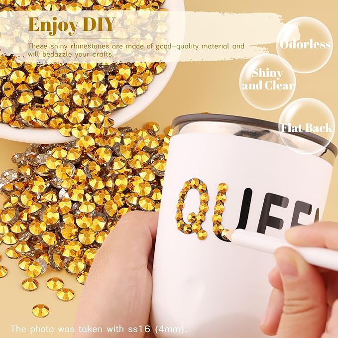 1500PCS 6mm Resin Rhinestones Bulk for Crafting (Copper Gold), Flatback Bedazzling Crystals for Crafts DIY Nail Decoration, Gems Charms for Tumbler Shoes Clothing Fabric with Pickup Pen and Tweezers